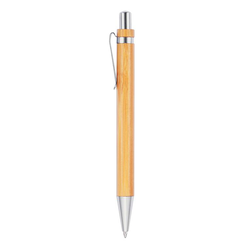 Bambusové kuličkové pero s kovovým doplňky, černá náplň, stříbrná